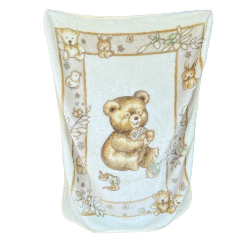 VTG Teddy Bear Plush Minky Baby Blanket Ducks Bunnies Toys 44x58 Novatex Style